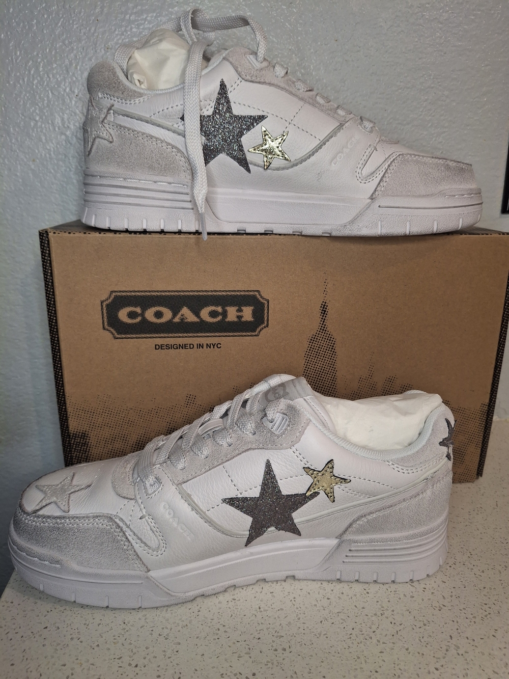 Coach White Leather Star Accent Sneakers